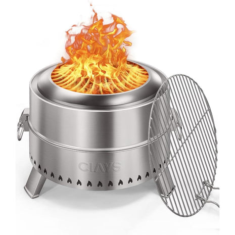 CIAYS Smokeless Firepit, 19 Inch Fire Pit for Camping with Patented Technology, Portable Fire Pit for Outside with Steel Grill Rack, Fire Poker, and Bag, Easy Setup and Storage, Wood Burning, Silver