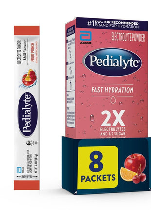 Pedialyte Fast Hydration Electrolyte Powder Packets, Fruit Punch, Hydration Drink, 8 Single-Serving Powder Packets