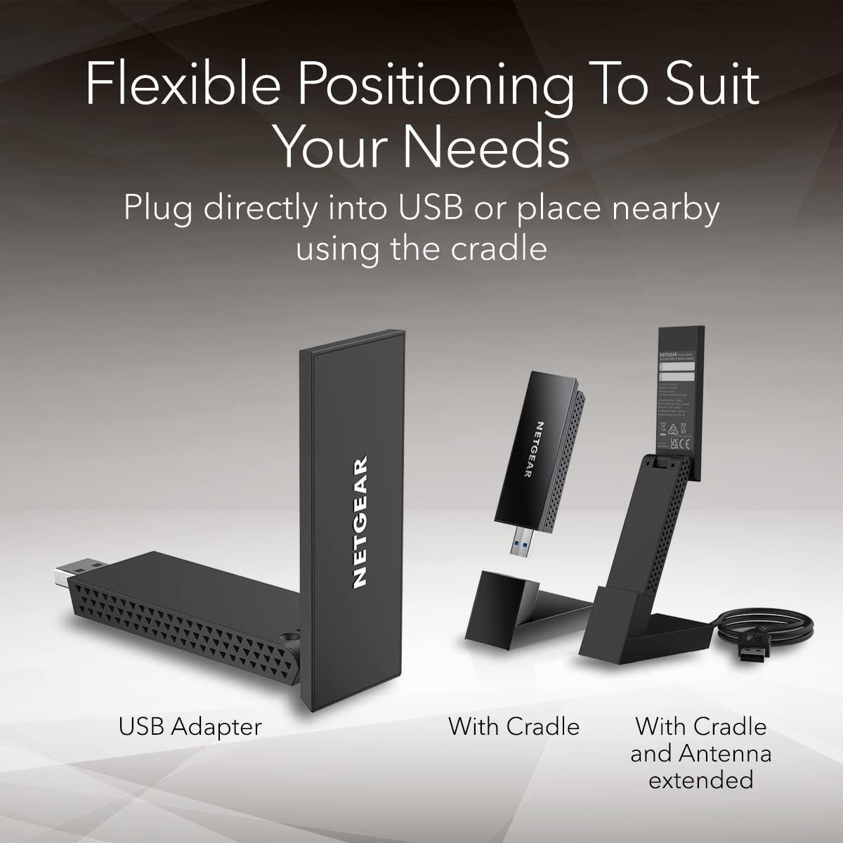 NETGEAR Nighthawk WiFi 6E USB 3.0 Adapter (A8000) - AXE3000 Tri-Band Wireless Gigabit Speed (Up to 3Gbps) - New 6GHz Band – Works with Any WiFi 6 or 6E Router Or Mesh System - for Windows PC