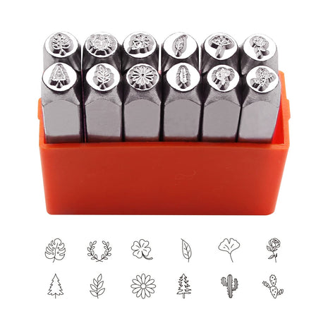 12pcs Plant Theme Metal Stamping kit, 6MM (1/4") Metal Punch Stamping Kit DIY Arts and Crafts Supplies Metal Stamping Accessories, Leather, Wood for Jewelry Stamping kit