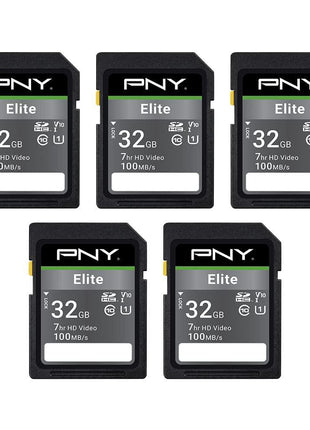 PNY 32GB Elite Class 10 U1 V10 SDHC Flash Memory Card - 100MB/s Read, Class 10, U1 Full HD, UHS-I, Full Size SD (Pack of 5)