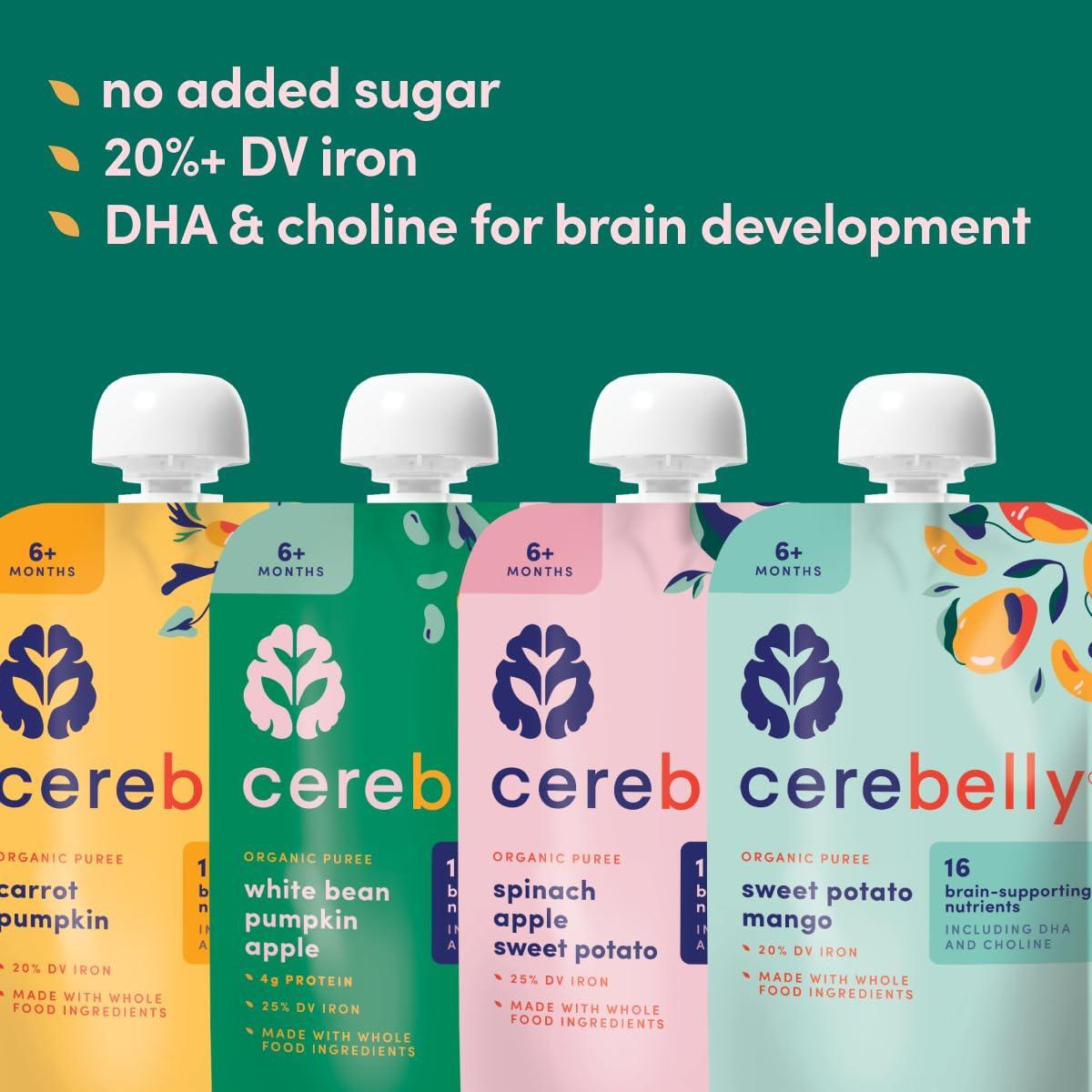 Cerebelly Organic Baby Food Pouches Variety Pack – Organic Veggie Purees for Toddlers | No Added Sugar, Fiber, Non-GMO | Blended Toddler Pouches | 4 Ounce BPA-Free Pouch | 4 Flavors | 8 Count