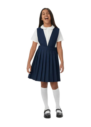 French Toast Big Girls' V-Neck Pleated Jumper, Navy, 8