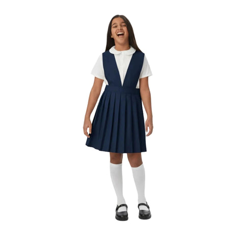 French Toast Big Girls' V-Neck Pleated Jumper, Navy, 8