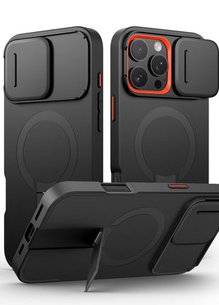 SURITCH for iPhone 16 Pro Max Case with Magnetic Camera Slide Cover and Adjustable Kickstand, Compatible with MagSafe, Shockproof Bumper Case Slim Protective Cover 6.9 Inch, Black