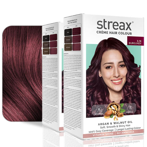 Streax Permanent Hair Colour, 100 % Grey coverage, Infused with Argan and Walnut Oil, Long Lasting Cream Hair Colour for Women, Burgundy Hair Colour, 3.16 Burgundy, 120 ml, Pack of 2