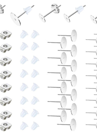 450PCS Earring Posts Stainless Steel Flat Pad,Hypoallergenic Stud Earrings with Butterfly and Rubber Bullet Earring Backs for Jewelry DIY Making Findings (Silver) (Silver)