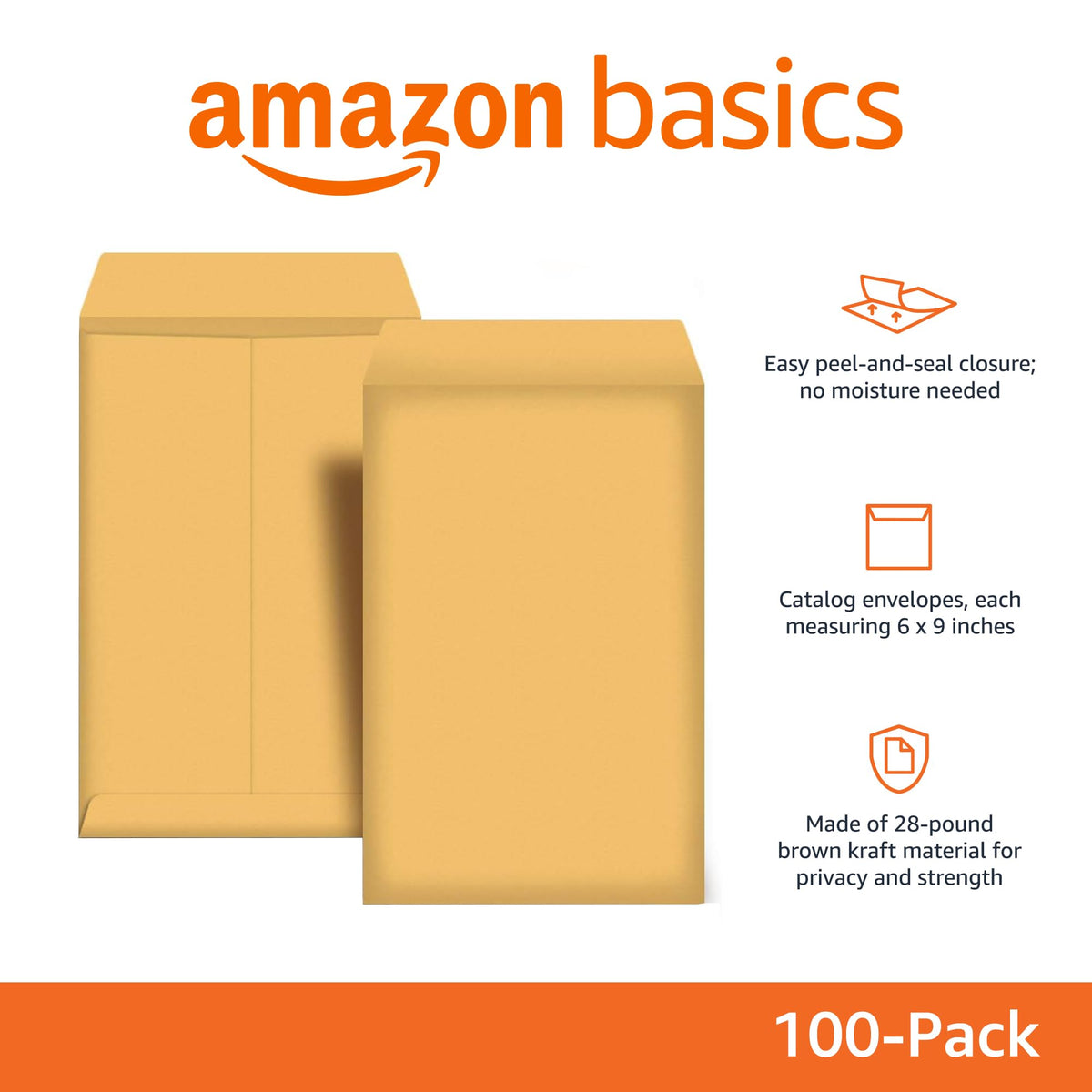 Amazon Basics Self Adhesive Catalog Mailing Envelopes, Peel and Seal, 6x9 Inch, Brown Kraft, 100-Pack