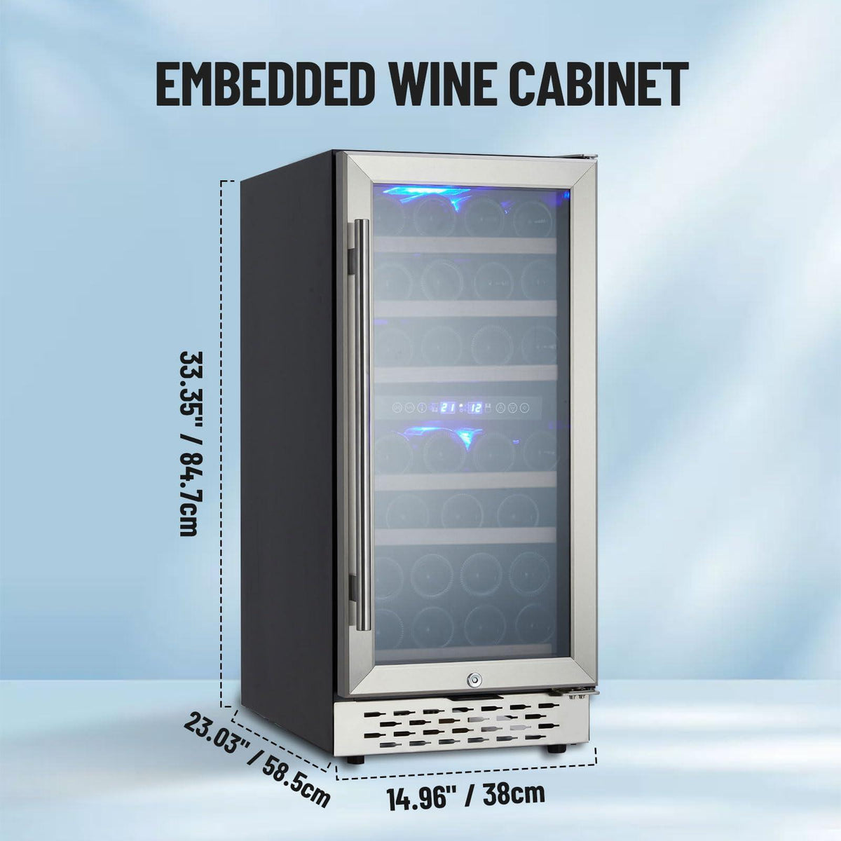 15 Inch Wine Cooler Refrigerator - 28 Bottle Capacity, Double-Layer Glass Door, Temperature Stable System, Digital Control, Single Area Dual Temperature, Built-in or Freestanding, with Lock
