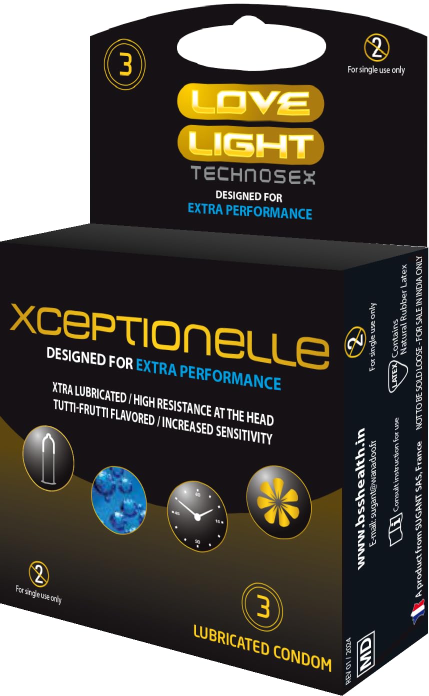 Love Light Xceptionelle condom 3 pcs pack - Designed for Extra performance - Natural Rubber Latex - Extra Lubricated with Reservoir Tip- Reinforced Head - Tutti Frutti Flavor- Smooth Surfaced - International quality ISO 4074