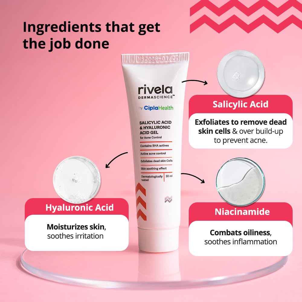 Rivela Dermascience Anti-Acne Gel By Cipla | For Active Acne, Oil Control, Smooth and Supple Skin | With Salicylic Acid & Hyaluronic Acid | 30 ml