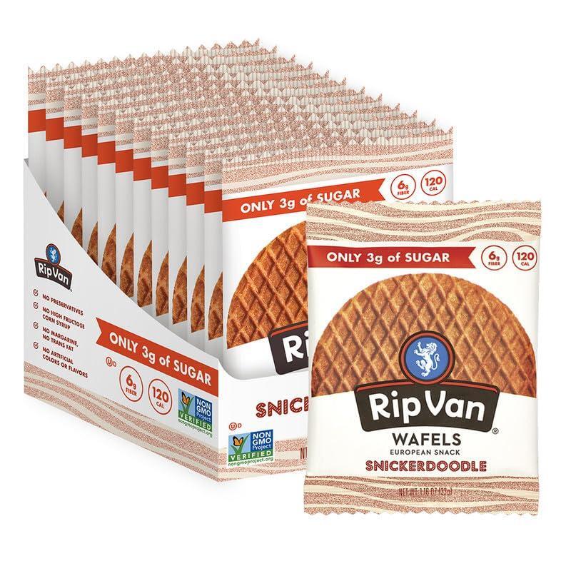 Rip Van Wafels Snickerdoodle Stroopwafels, Healthy Snacks, Non-GMO, Keto Friendly, Office Snacks, Low Sugar (3g), Low Calorie, 12 Pack