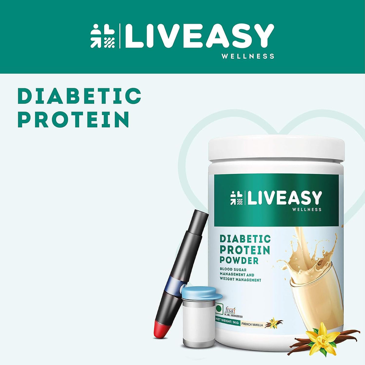 LivEasy Wellness Diabetic Protein | Ensure Your Protein Intake With Our Diabetes Protein Powder | Helps To Control Blood Sugar Levels And Weight Management - 1000 G (Vanilla Flavour)