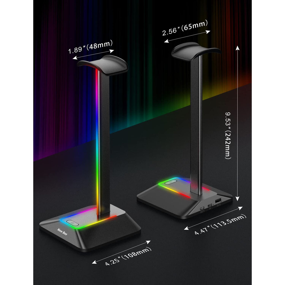 New bee RGB Headphone Stand with 1 USB-C Charging Port and 1 USB Charging Port, Desk Gaming Headset Stand with 7 Light Modes for All Earphone Accessories (Black)