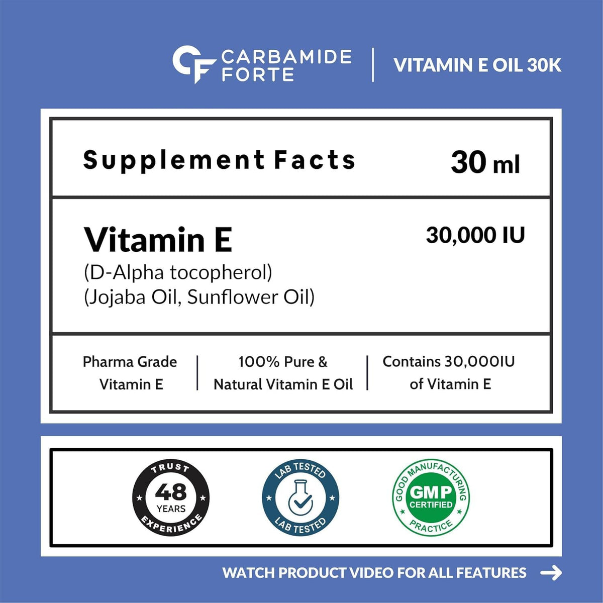 Carbamide Forte Vitamin E Oil For Face & Hair | Vitamin E Oil 30000 IU - 100% Natural Vitamin E Oil - Pharma Grade & Tested for Purity - 30ml