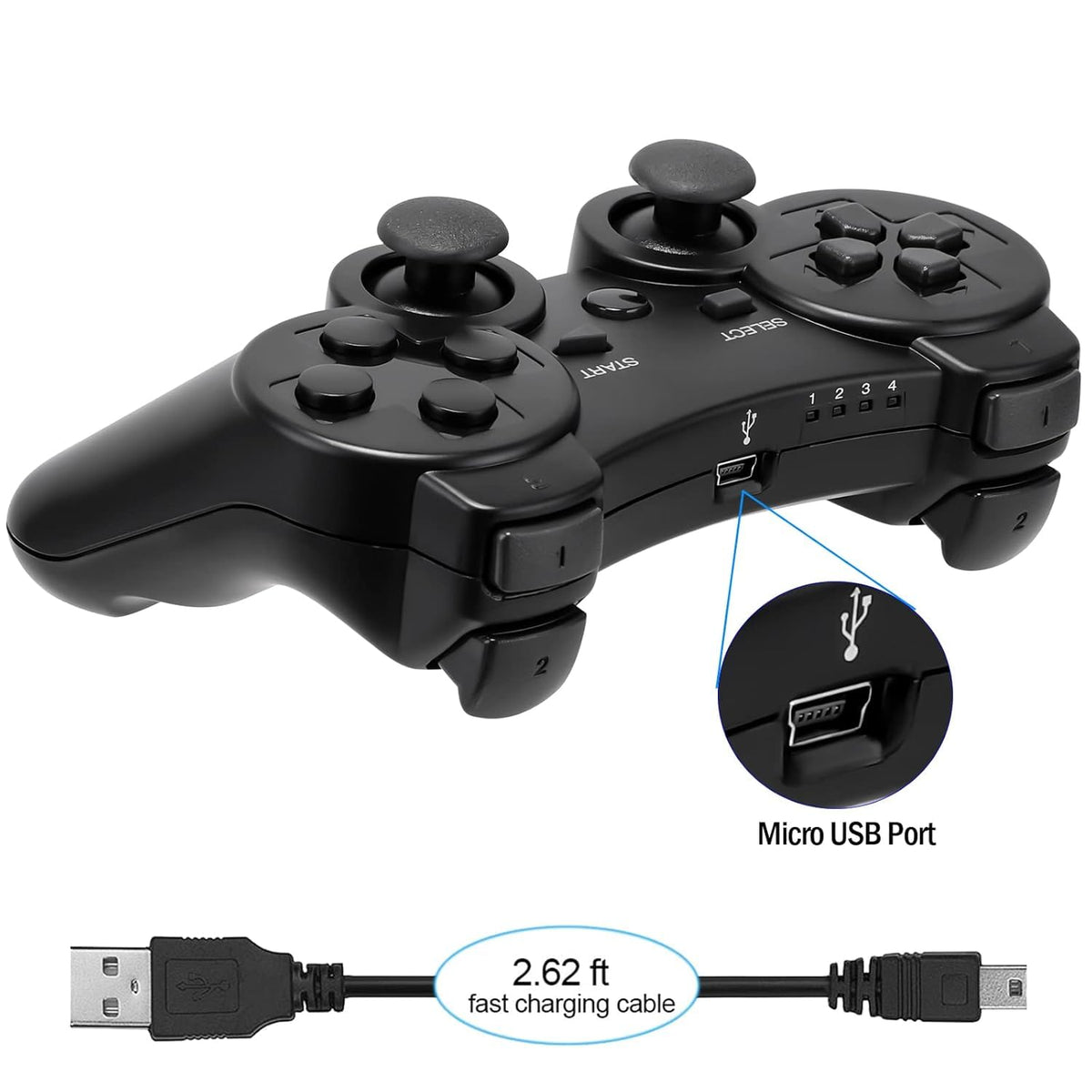 Diswoe Controller for PS-3, Wireless Bluetooth Controller Gamepad Joystick, Double Vibrating Controller for Play_station 3 with Charger Cable Cord Thump Grips