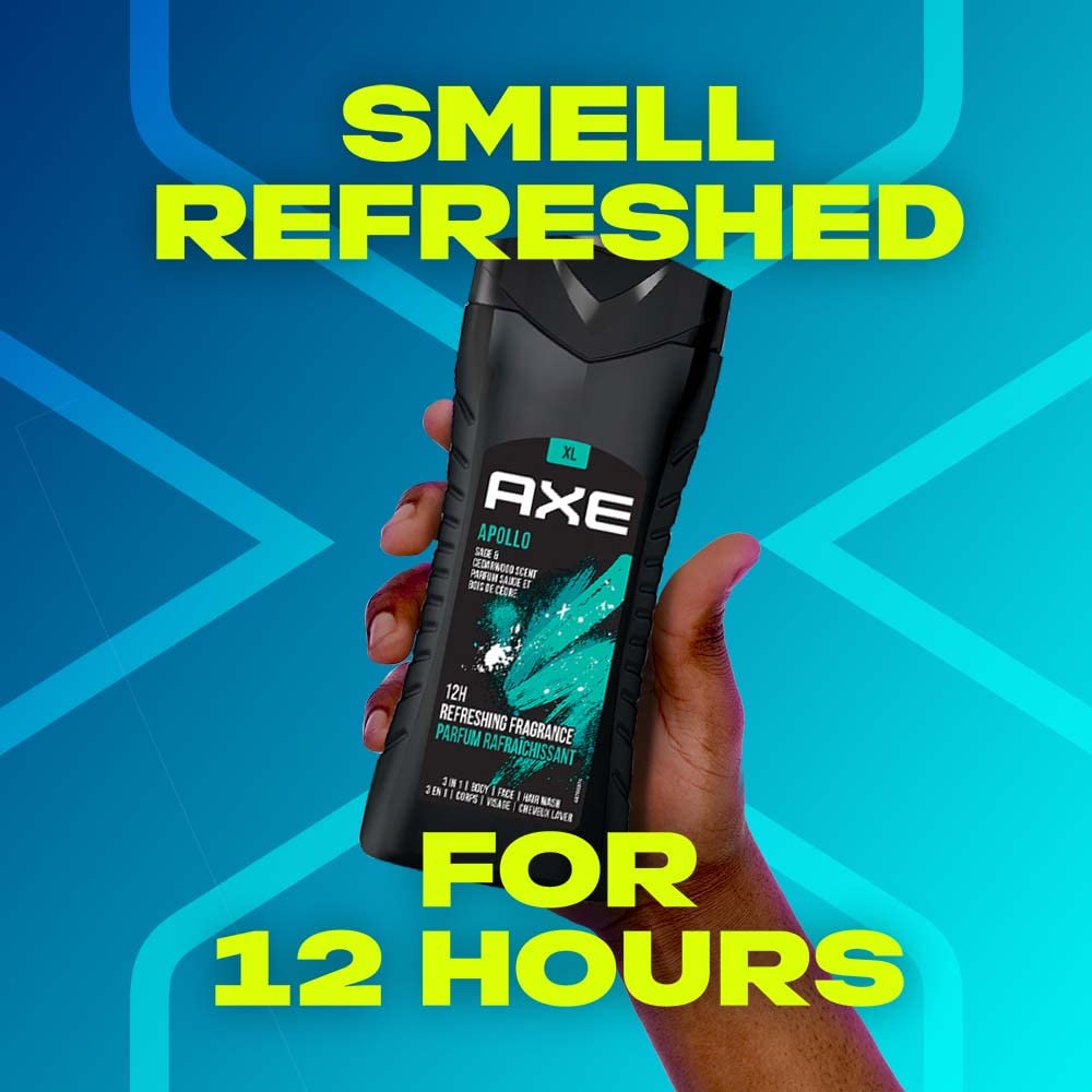 Axe Apollo 3 In 1 Body, Face & Hair Wash For Men, Long-Lasting Refreshing Sage & Cedarwood Fragrance For Upto 12Hrs, Natural Origin Ingredients, Removes Odor & Bacteria, No Parabens, 400ml