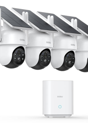 aosu D1 Classic 4-Cam Kit, Security Cameras Wireless Outdoor, Solar Powered | No Subscription Required, 32GB Build-in Storage, 360° Auto Tracking, Solar Powered, 3MP Color Night Vision, Easy Install