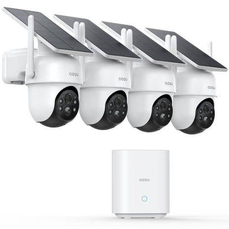 aosu D1 Classic 4-Cam Kit, Security Cameras Wireless Outdoor, Solar Powered | No Subscription Required, 32GB Build-in Storage, 360° Auto Tracking, Solar Powered, 3MP Color Night Vision, Easy Install