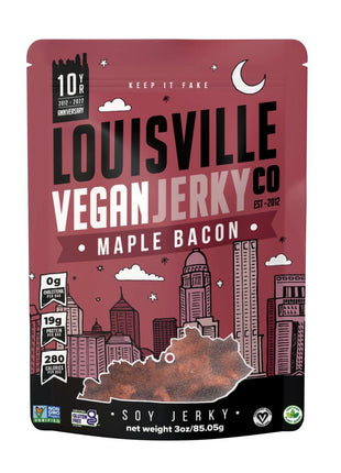Louisville Jerky Co. Vegan Jerky Plant-Based Maple Bacon Flavor, High Protein Snack, (3 Ounce, 1-Pack) – Sweet & Smoky Chewy Texture, Gluten-Free