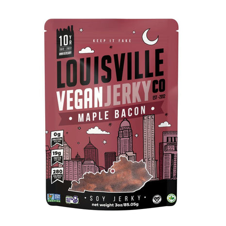 Louisville Jerky Co. Vegan Jerky Plant-Based Maple Bacon Flavor, High Protein Snack, (3 Ounce, 1-Pack) – Sweet & Smoky Chewy Texture, Gluten-Free