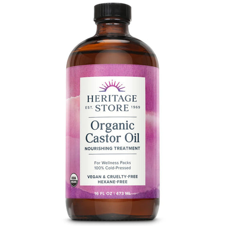 HERITAGE STORE Organic Castor Oil, Cold Pressed Hexane Free, 16 fl oz | Nourishing Treatment for Hair & Skin Care, Eyebrows & Lash Serum, Ideal for Castor Oil Packs, Glass Bottle, Vegan