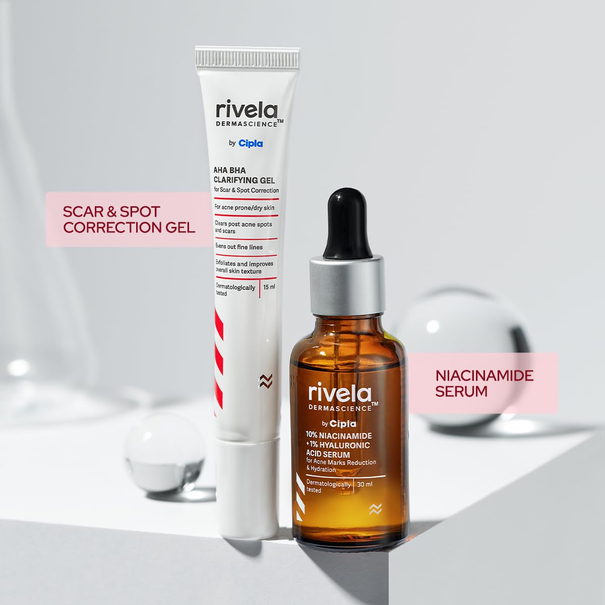 Rivela Dermascience Scar and Acne Marks Duo | 10% Niacinamide + 1% Hyaluronic Acid Serum (30ml) & AHA BHA Clarifying Gel (15ml) | 2 Items in Set