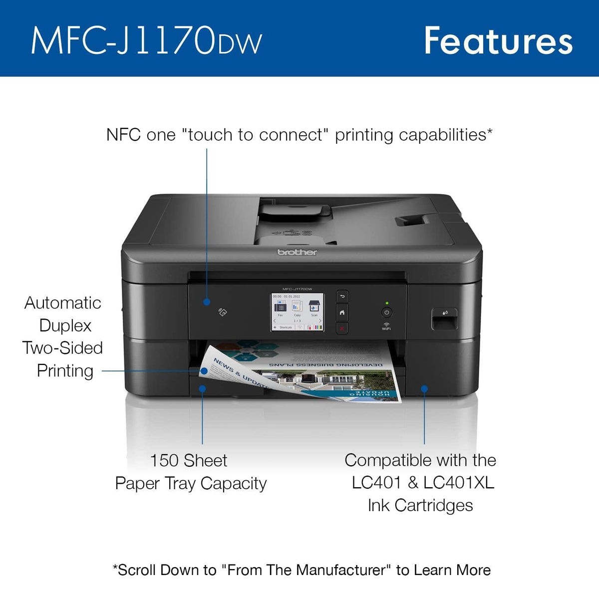 Brother MFC-J1170DW Wireless Color Inkjet All-in-One Printer, NFC One-Touch Print, Duplex, Cloud Print & Scan, Mobile App Control, 2.7" Touchscreen, Works with Alexa