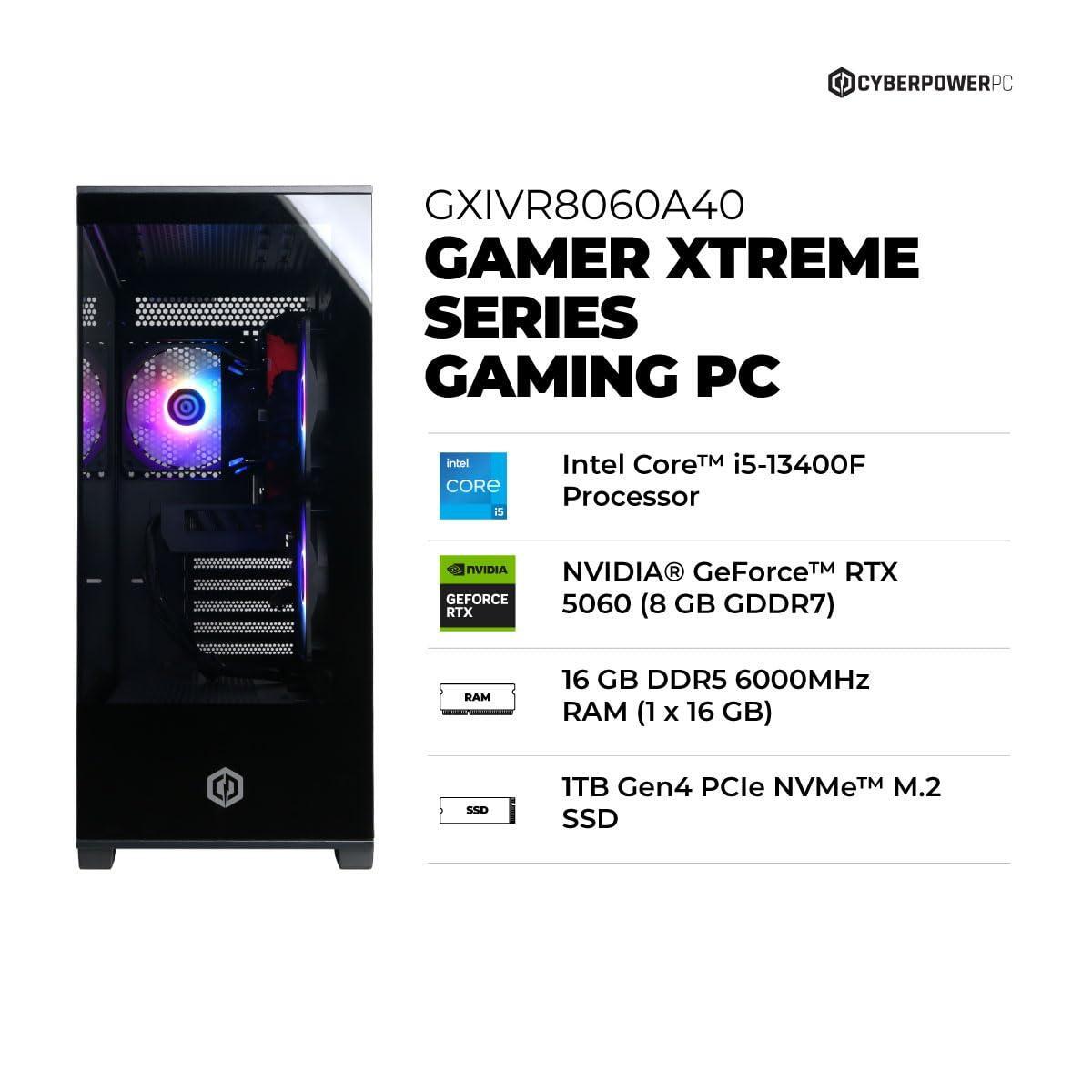 CyberPowerPC Gamer Xtreme VR Gaming PC, Intel Core i5-13400F 2.5GHz, GeForce RTX 5060 8GB, 16GB DDR5, 1TB PCIe 4.0 SSD, WiFi Ready & Windows 11 Home (GXiVR8060A40)
