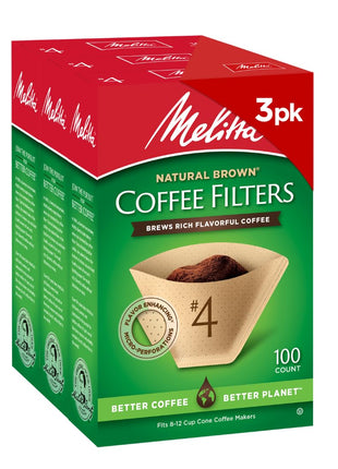 Melitta #4 Unbleached Coffee Filters, Premium, Natural Brown, Flavor Enhancing Coffee Filters for 8-12 Cup Coffee Makers, Kosher Certified, Compostable, 100 Count (Pack of 3)