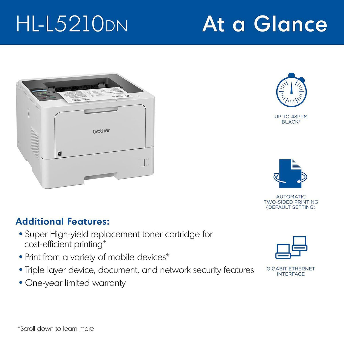 Brother HL-L5210DN Business Monochrome Laser Printer with Duplex Printing, Versatile Paper Handling, Mobile Printing, and Gigabit Ethernet Networking, Works with Alexa