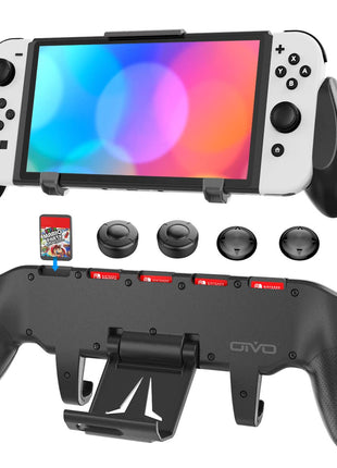 OIVO Switch Grip with Upgraded Adjustable Stand, Asymmetrical Grip with Adjustable Stand and 5 Game Slots-4 Thumb Caps Included