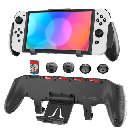OIVO Switch Grip with Upgraded Adjustable Stand, Asymmetrical Grip with Adjustable Stand and 5 Game Slots-4 Thumb Caps Included