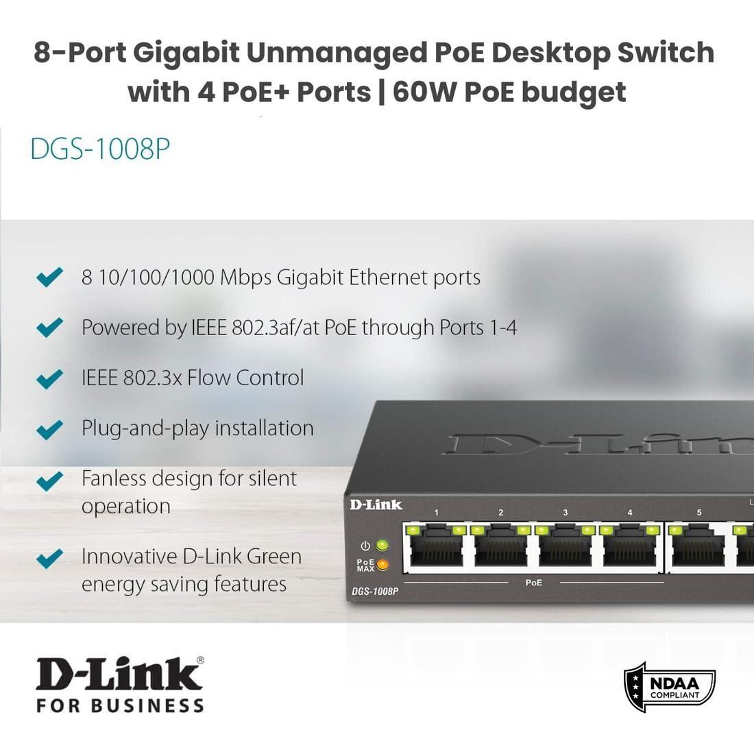D-Link PoE Switch, 8 Port Ethernet Gigabit Unmanaged Desktop Switch with 4 PoE Ports 68W Budget (DGS-1008P),Black