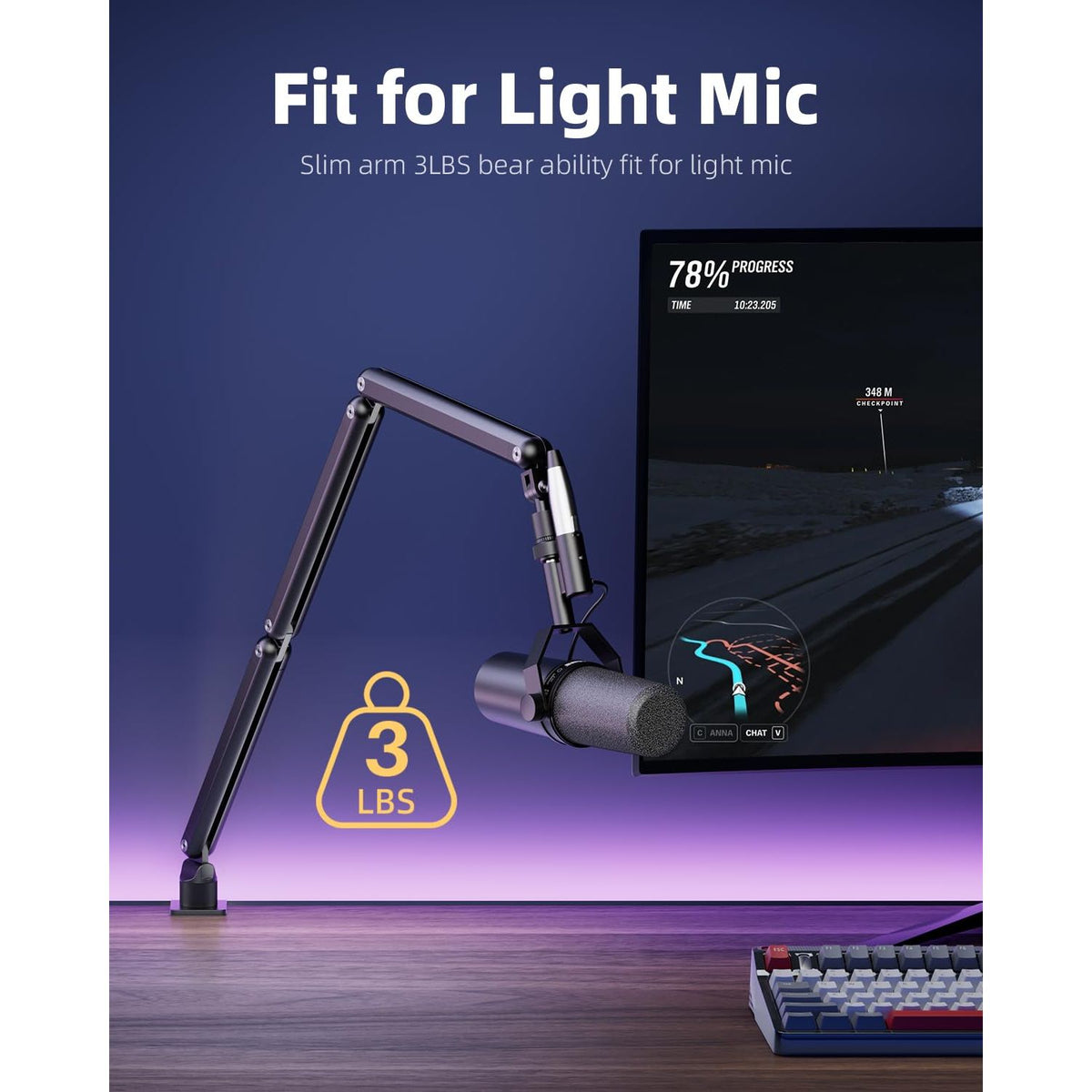 TODI Mic Arm for Lightweight Mics, Microphone Arm Rotatable, Storable Desk Mic Stand for Bear 3LB with Mount Clamp, Mic Stand Boom Arm with Cable Channel with 3/8'' 5/8'' Thread for Podcast, Gaming