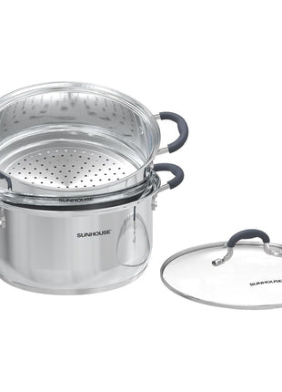 SUNHOUSE 3.1 QT Stainless Steel Steamer Pot for Cooking Vegetables | Steaming Pot with Glass Lid & Steamer Basket - 2 Tier Tri-ply Stovetop Steamer For Vegetable, Veggie - Induction Compatible