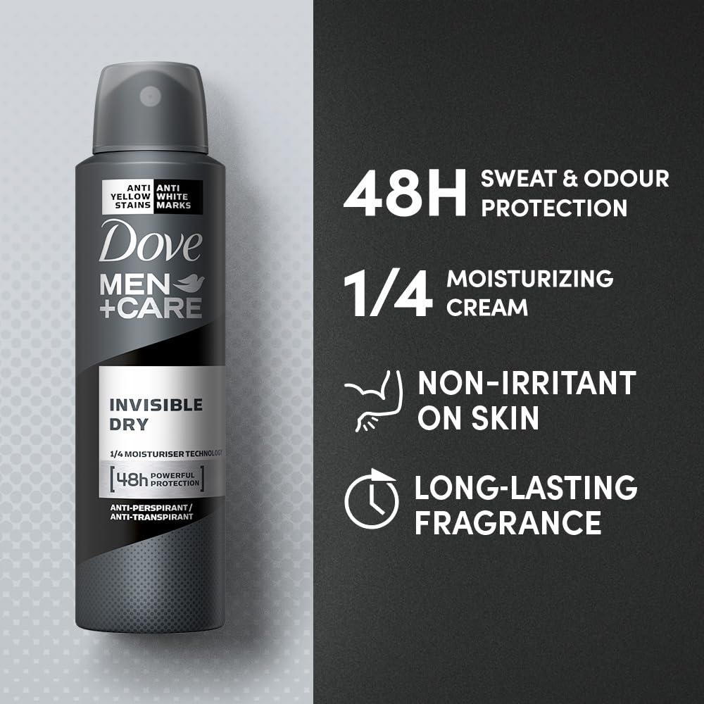 Dove Men+Care Invisible Dry Spray Antiperspirant Deodorant, Up To 48 hrs Protection From Sweat & Odour, Instantly Dry for Cleaner Feel & Leaves No White Marks or Stain, Soothes & Moisturises Skin, Warm, Oriental Scent, 150ml (Pack of 3)