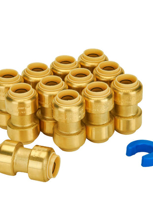 1/2 Inch Coupling, Push Pex Fittings 1/2 Inch, 1/2" Straight Coupling, Brass Push-to-Connect Fittings for Pex Pipe, Copper, CPVC, with 1 Disconnect Clip, Pack of 12