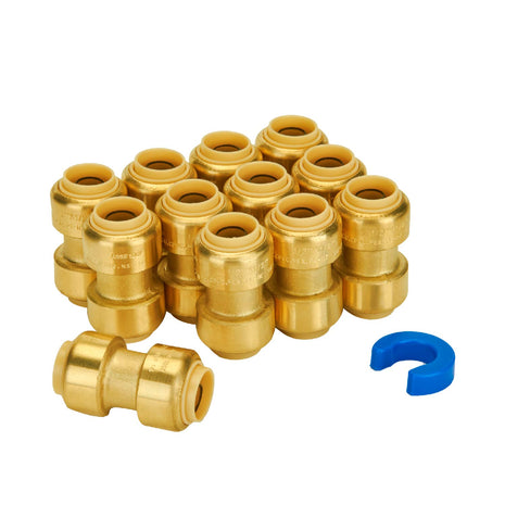 1/2 Inch Coupling, Push Pex Fittings 1/2 Inch, 1/2" Straight Coupling, Brass Push-to-Connect Fittings for Pex Pipe, Copper, CPVC, with 1 Disconnect Clip, Pack of 12