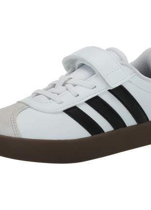 adidas VL Court 3.0 Elastic Lace & Strap Sneaker, White/Black/Grey, 2 US Unisex Little Kid