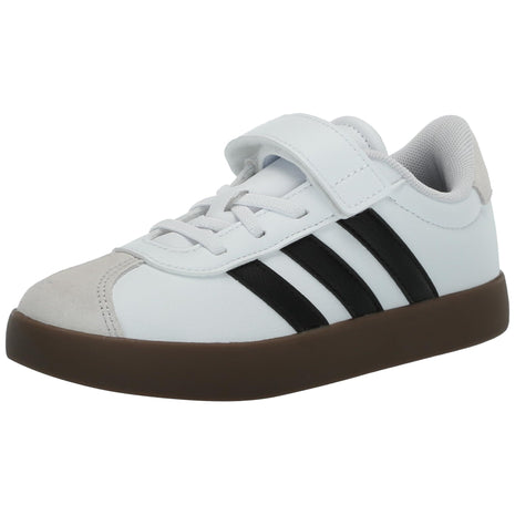 adidas VL Court 3.0 Elastic Lace & Strap Sneaker, White/Black/Grey, 2 US Unisex Little Kid