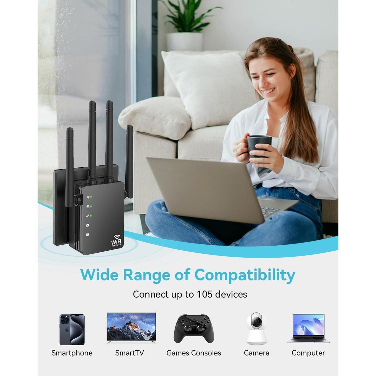WiFi Extender Signal Booster with Ethernet Port, Dual Band 5GHz/2.4GHz, Up to 12880 Sq. Ft Coverage, WiFi Range Extender for Home and Outdoors, 1200Mbps WiFi Booster(Black)