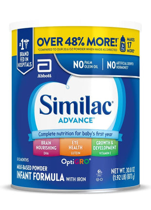 Similac Advance Baby Formula Powder With Iron, Inspired by Breast Milk | Nutritionally Complete Infant Formula for Babies, Support for Brain & Eye Development, Easy to Digest, 30.8 oz value-size can