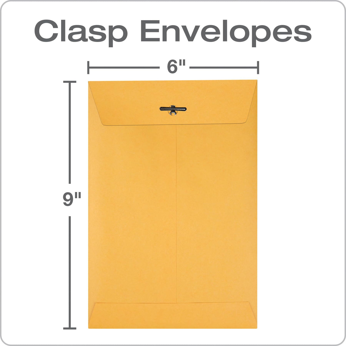 Quality Park 6 x 9 Clasp Envelopes, Clasp and Gummed Closures for Storing or Mailing, 28 lb Kraft Paper, 100 per Box (QUA37855)