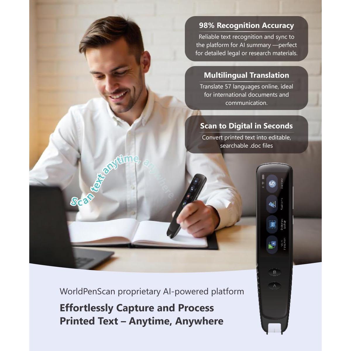 PenPower WorldPenScan Go - Translation Pen with Scanning, Reading, Audio Recording, Live Interpretation, and AI English Learning Platform for Kids & Adults