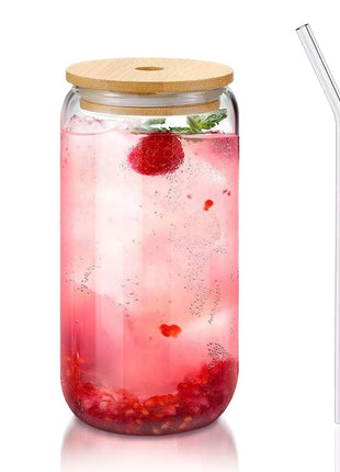 Glass Cups with Lids and Straws 1 Pack, 16 oz Glass Coffee Cup with Bamboo Lid, Glass Straw and Cleaning Brush, Iced Coffee Cup for Matcha, Soda, Tea and Daily Drinks