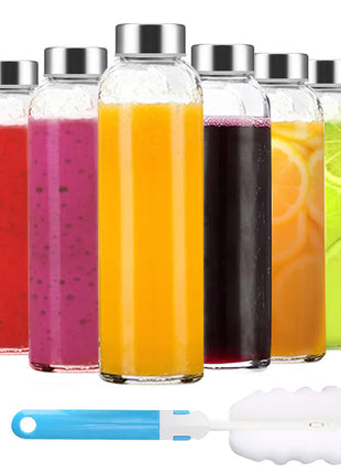 Luxfuel Clear Glass Bottles with Lids 18 oz, Reusable Glass Water Bottles with Stainless Steel Cap for Refrigerator, Juicing, 100% Leak Proof, BPA Free, Juice Bottle Drinking Jar Containers Set of 6