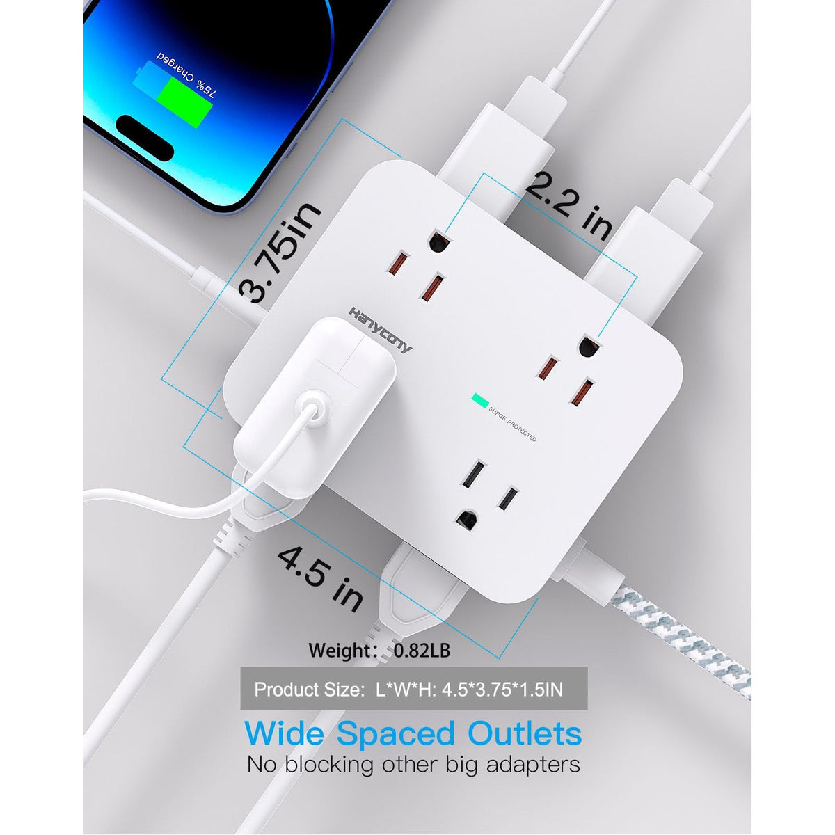 Surge Protector Power Strip - HANYCONY 8 Outlets 4 USB (2 USB C) Charging Ports, Multi Plug Outlet Extender, 5Ft Braided Extension Cord, Flat Plug Wall Mount Desk Charging Station for Home Office ETL