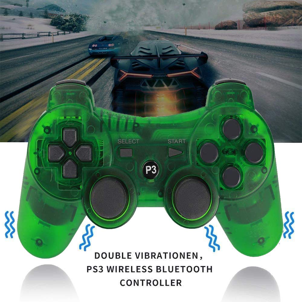Burcica Wireless Controller for PS-3 Motion Sense Double Vibration Upgraded Gaming Remote for Play 3 with Charging Cord (Transparent Green and Transparent Blue)