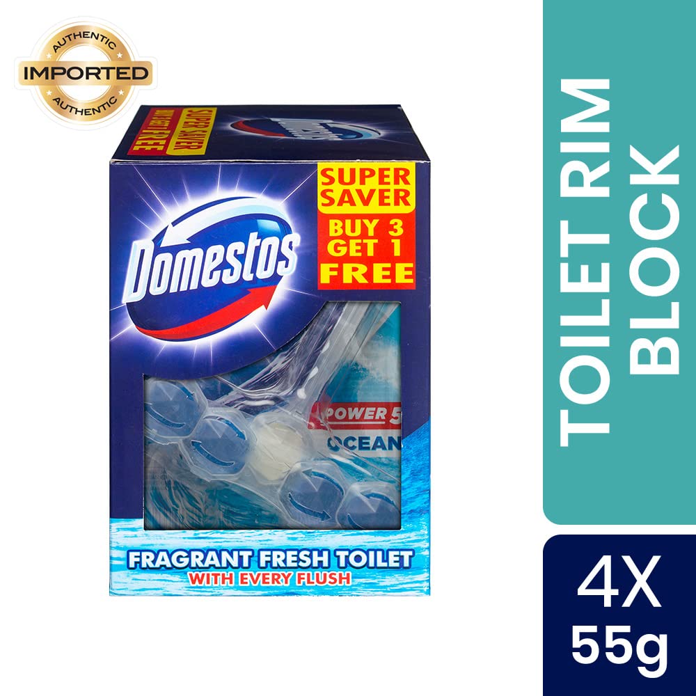 Domestos Power 5 Toilet Cleaner Rim Block with Fresh Ocean Scent, Power of 5 in 1 Limescale Prevention, Long-Lasting Fragrance, Rich Foam, Shine, and Hygiene, Protects Against Germs & Keeps Toilet Clean & Shiny After Every Flush, 55g (Pack of 4)